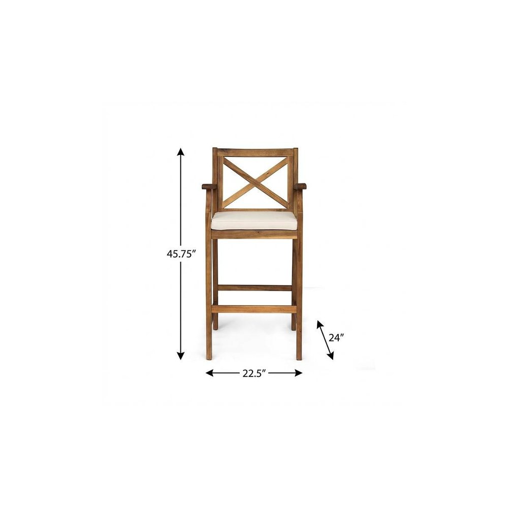 Set of Two 30" Brown Solid Wood Outdoor Bar Height Chairs on a white background
