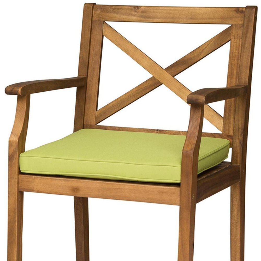 Set of Two 30" Natural and Green Solid Wood Outdoor Bar Height Chairs on a white background