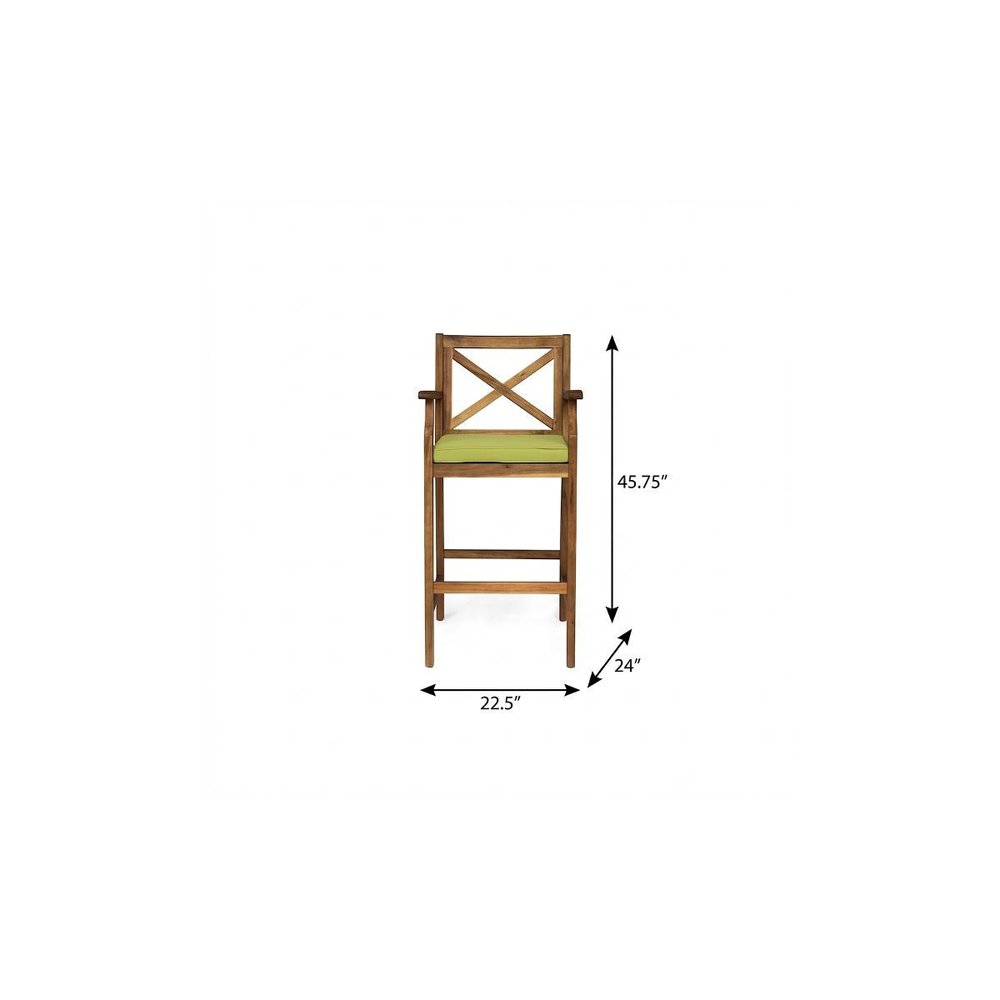 Set of Two 30" Natural and Green Solid Wood Outdoor Bar Height Chairs on a white background