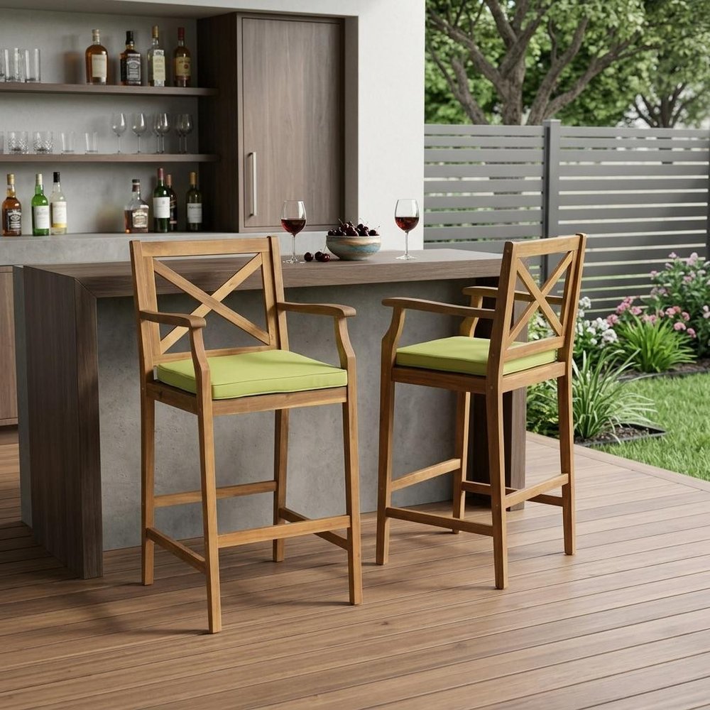 Set of Two 30" Natural and Green Solid Wood Outdoor Bar Height Chairs in a home interior