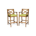 Set of Two 30" Natural and Green Solid Wood Outdoor Bar Height Chairs on a white background