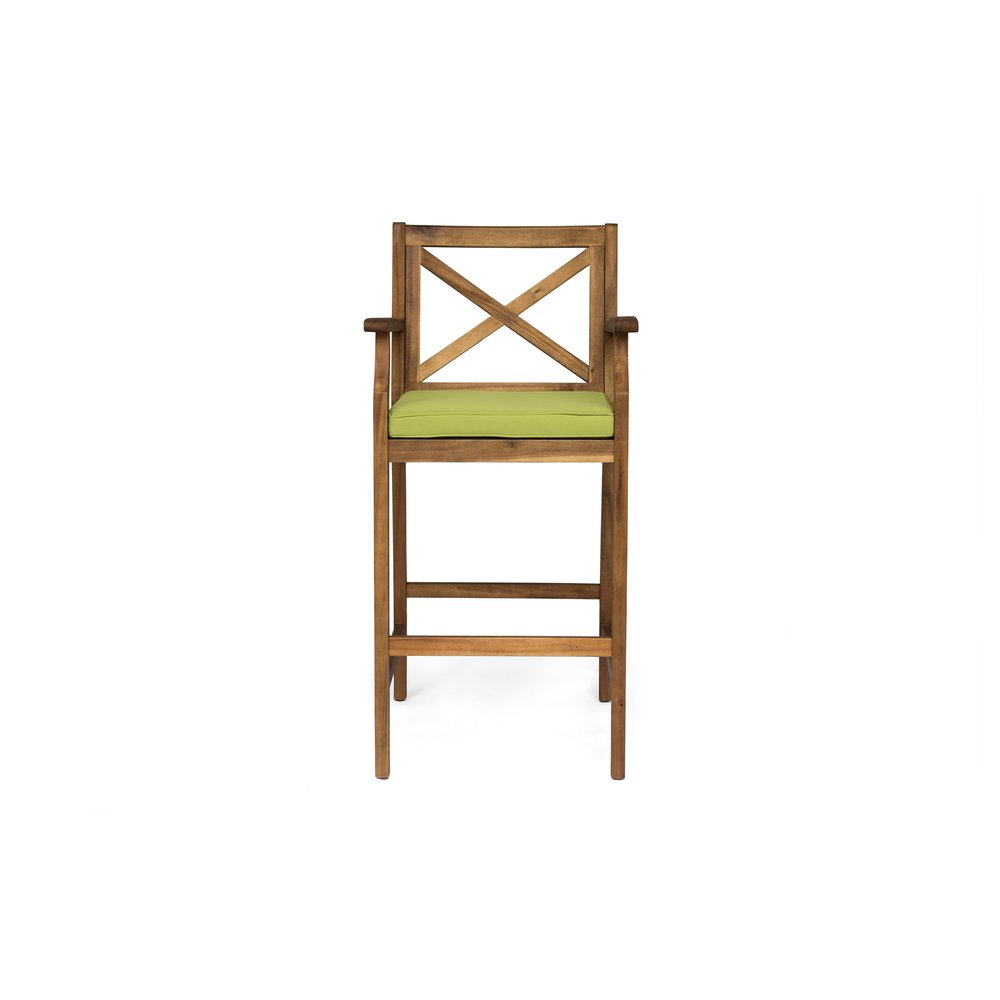 Set of Two 30" Natural and Green Solid Wood Outdoor Bar Height Chairs