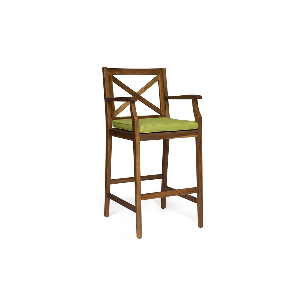 Set of Two 30" Natural and Green Solid Wood Outdoor Bar Height Chairs