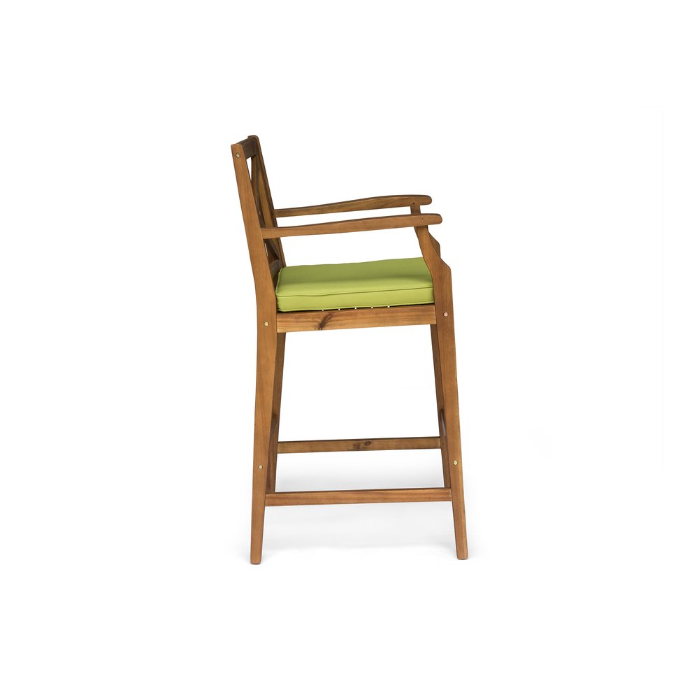 Set of Two 30" Natural and Green Solid Wood Outdoor Bar Height Chairs