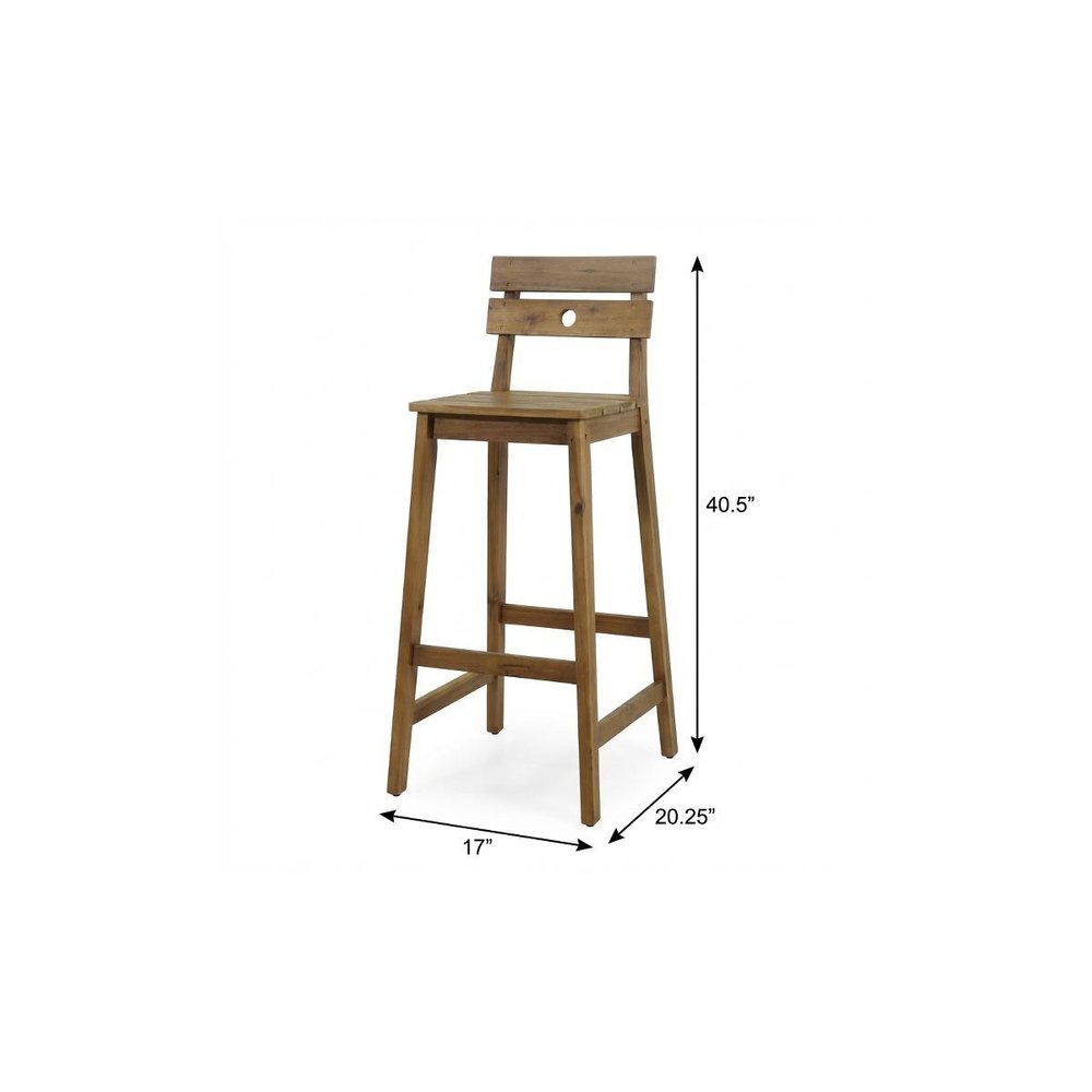 Set of Two 30" Brown Solid Wood Outdoor Bar Height Chairs on a white background