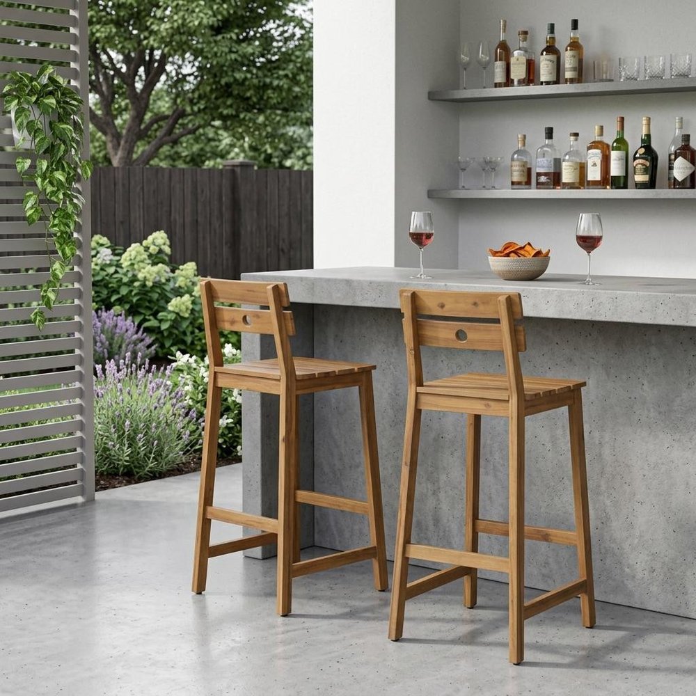 Set of Two 30" Brown Solid Wood Outdoor Bar Height Chairs in a home interior