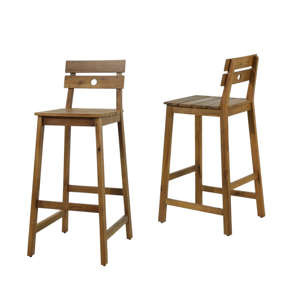 Set of Two 30" Brown Solid Wood Outdoor Bar Height Chairs on a white background