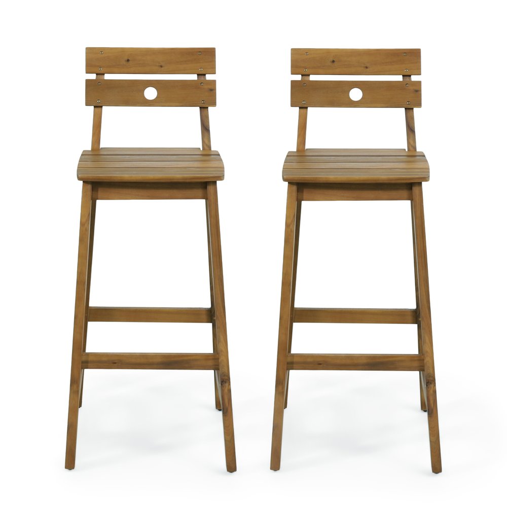 Two brown solid wood outdoor bar height chairs with slatted seats and backs, shown against a white background.