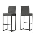 Set of Two 30" Gray Iron Outdoor Bar Height Chairs on a white background