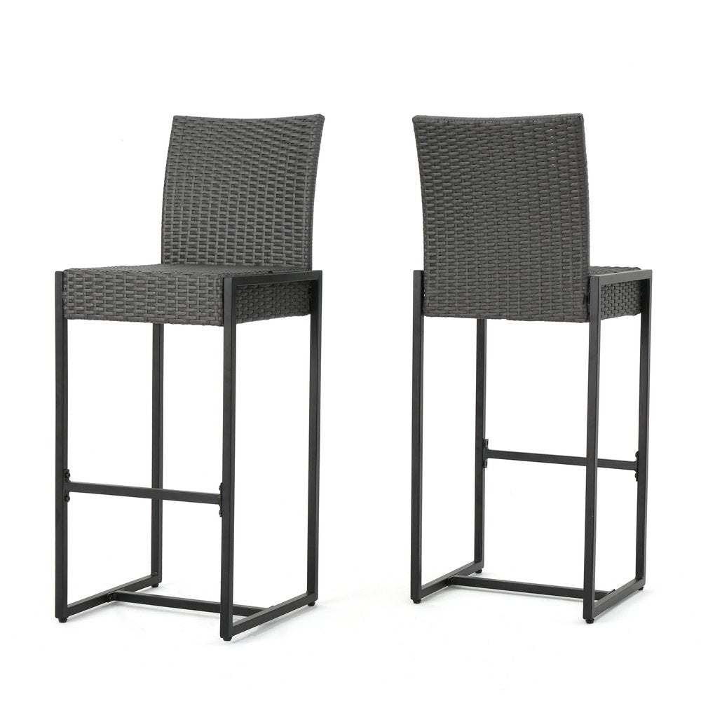 Two gray wicker bar height chairs with black iron frames on a white background.
