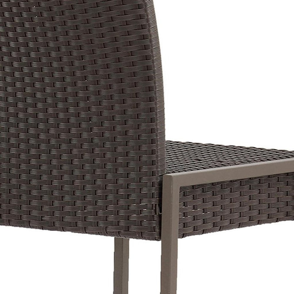 Set of Two 30" Gray and Dark Brown Iron Outdoor Bar Height Chairs on a white background