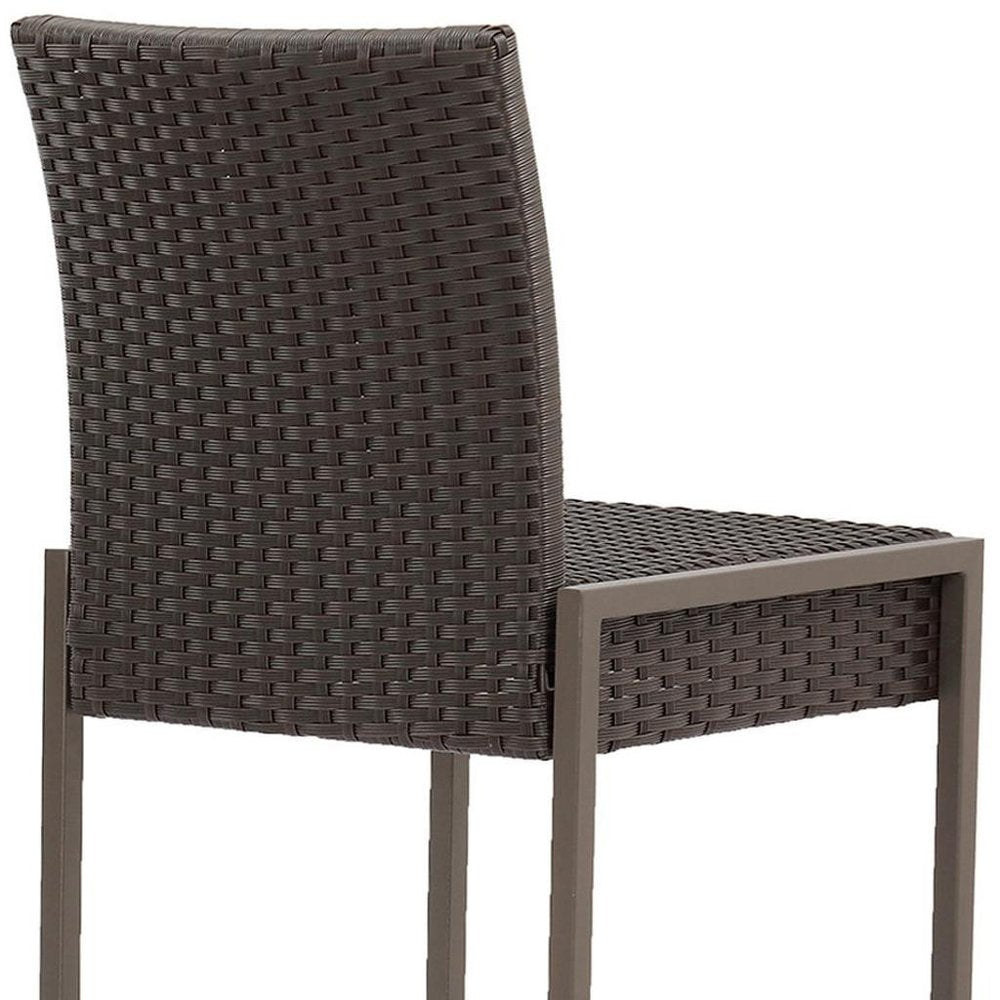 Set of Two 30" Gray and Dark Brown Iron Outdoor Bar Height Chairs on a white background