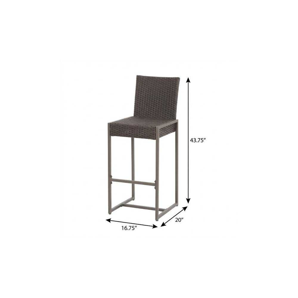 Set of Two 30" Gray and Dark Brown Iron Outdoor Bar Height Chairs on a white background