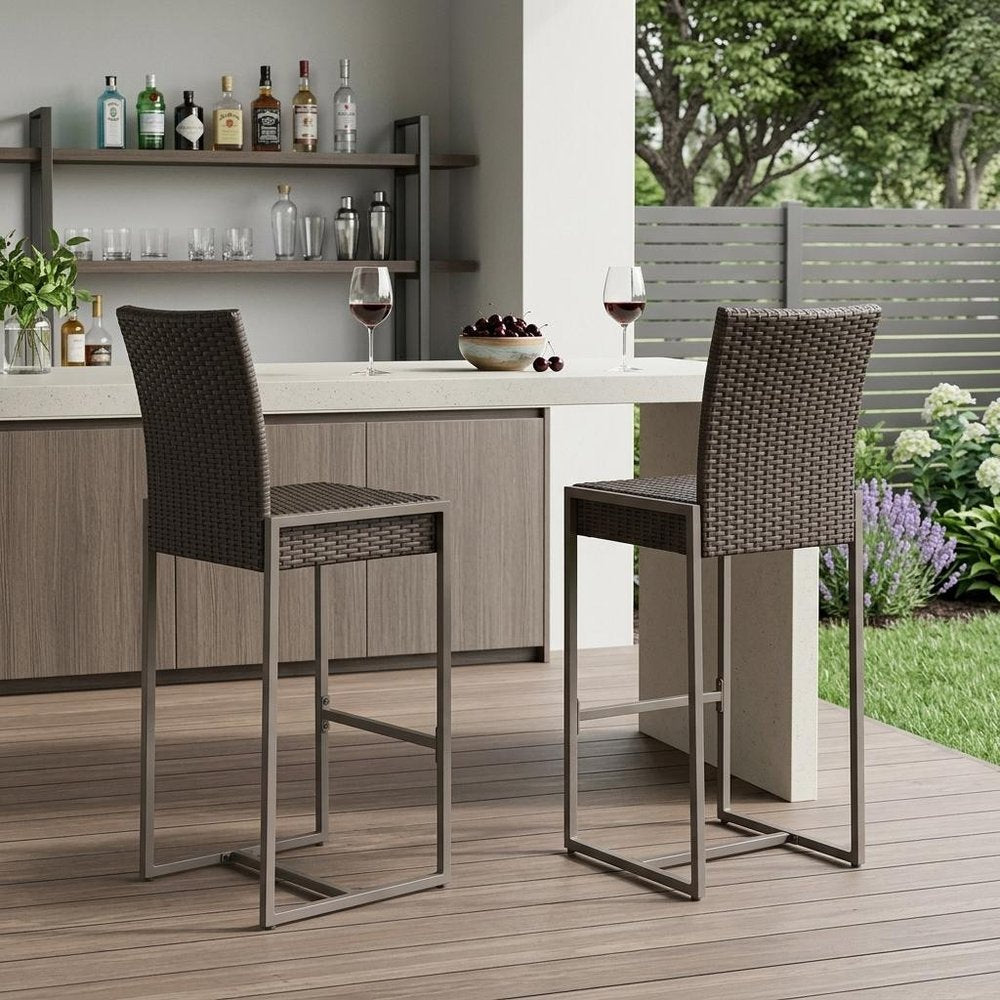 Set of Two 30" Gray and Dark Brown Iron Outdoor Bar Height Chairs in a home interior