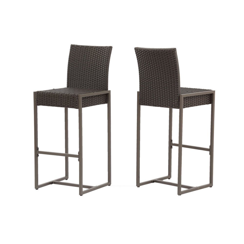 Two dark brown wicker bar height chairs with gray metal frames on a white background.