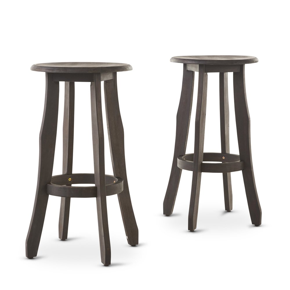 Set of Two 30" Dark Gray Solid Wood Backless Outdoor Bar Height Chairs
