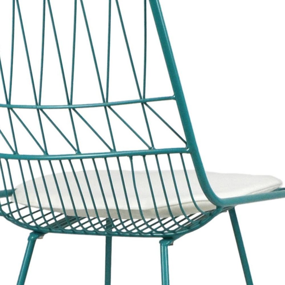 Set of Two 30" Teal Blue Iron Outdoor Bar Height Chairs on a white background