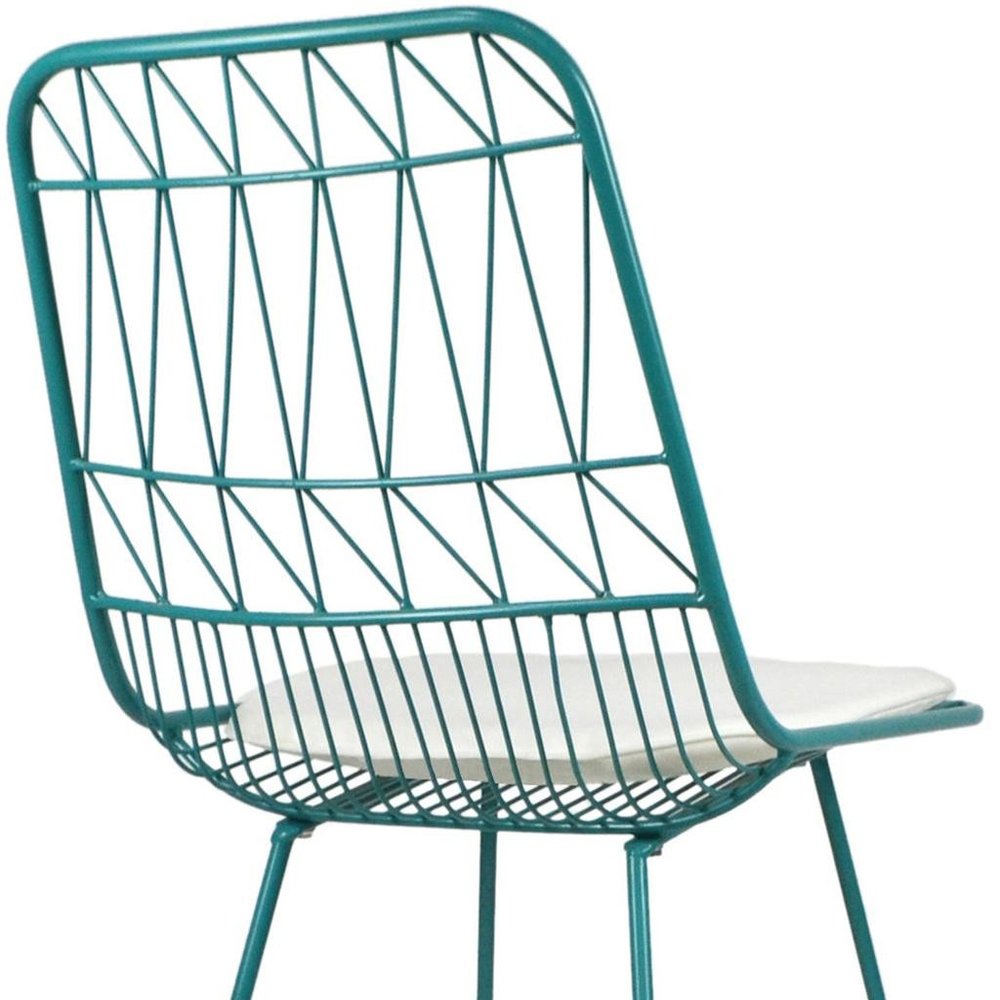 Set of Two 30" Teal Blue Iron Outdoor Bar Height Chairs on a white background