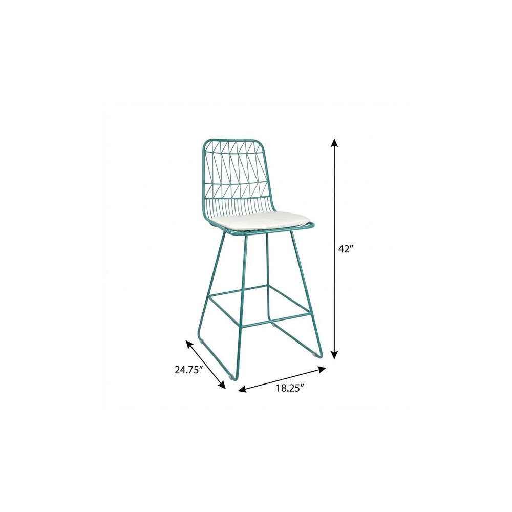 Set of Two 30" Teal Blue Iron Outdoor Bar Height Chairs on a white background