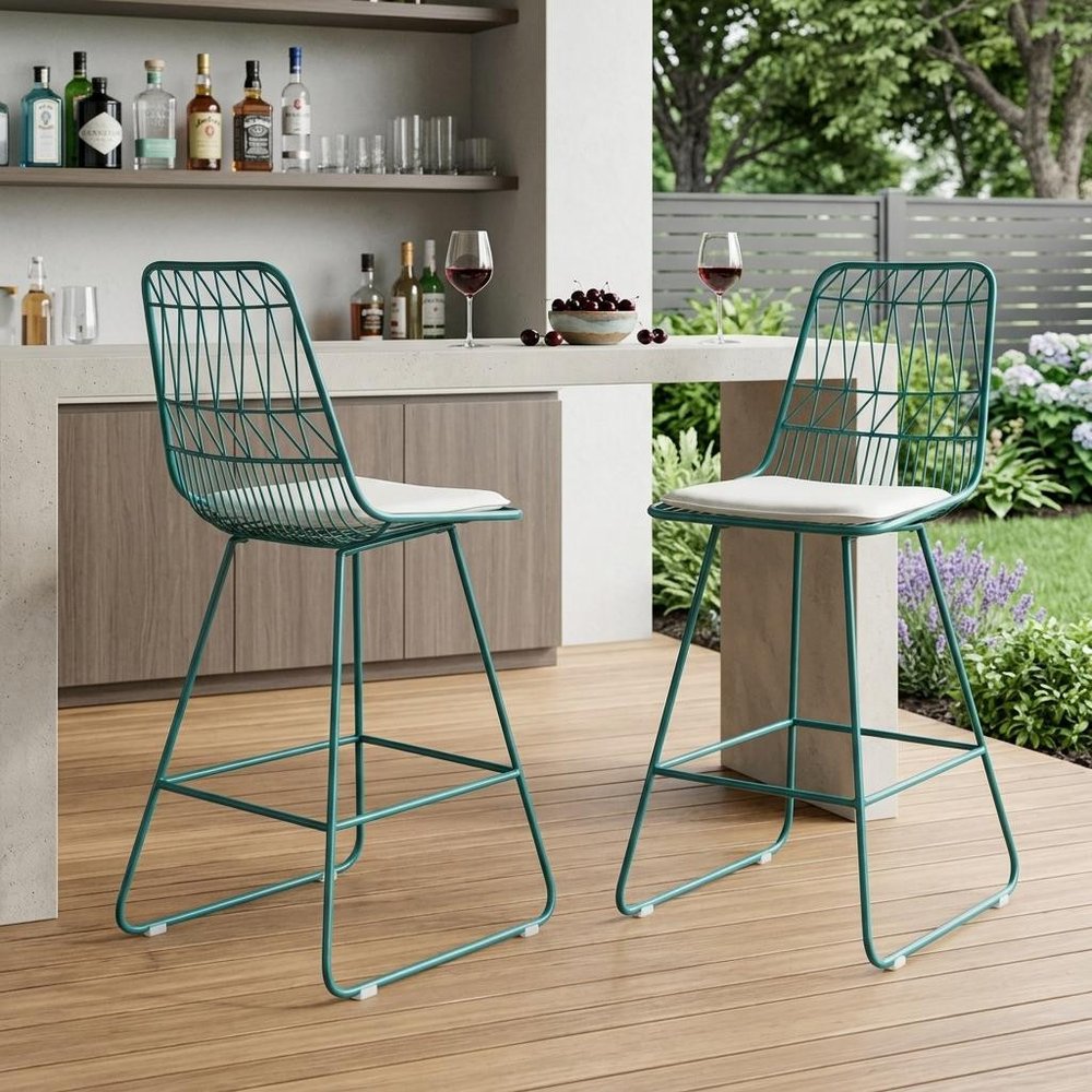 Set of Two 30" Teal Blue Iron Outdoor Bar Height Chairs in a home interior