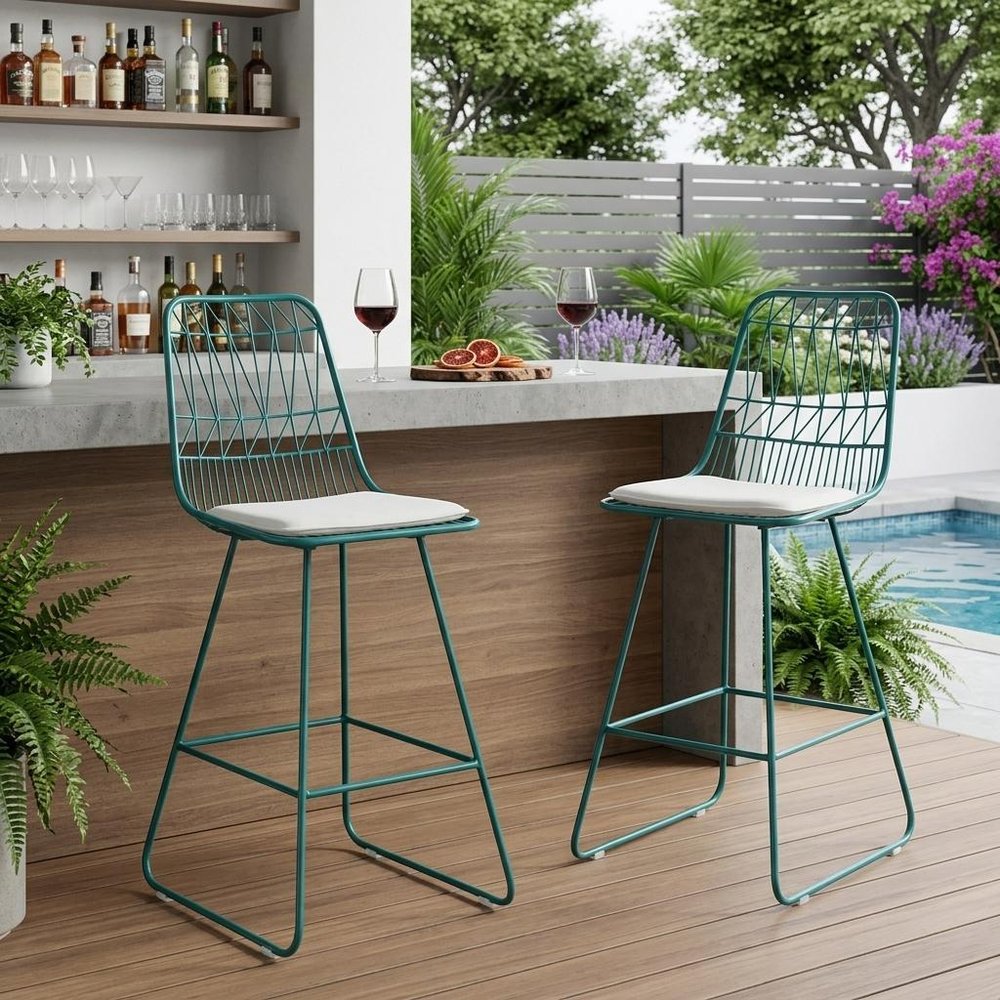 Set of Two 30" Teal Blue Iron Outdoor Bar Height Chairs in a home interior