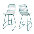 Set of Two 30" Teal Blue Iron Outdoor Bar Height Chairs on a white background