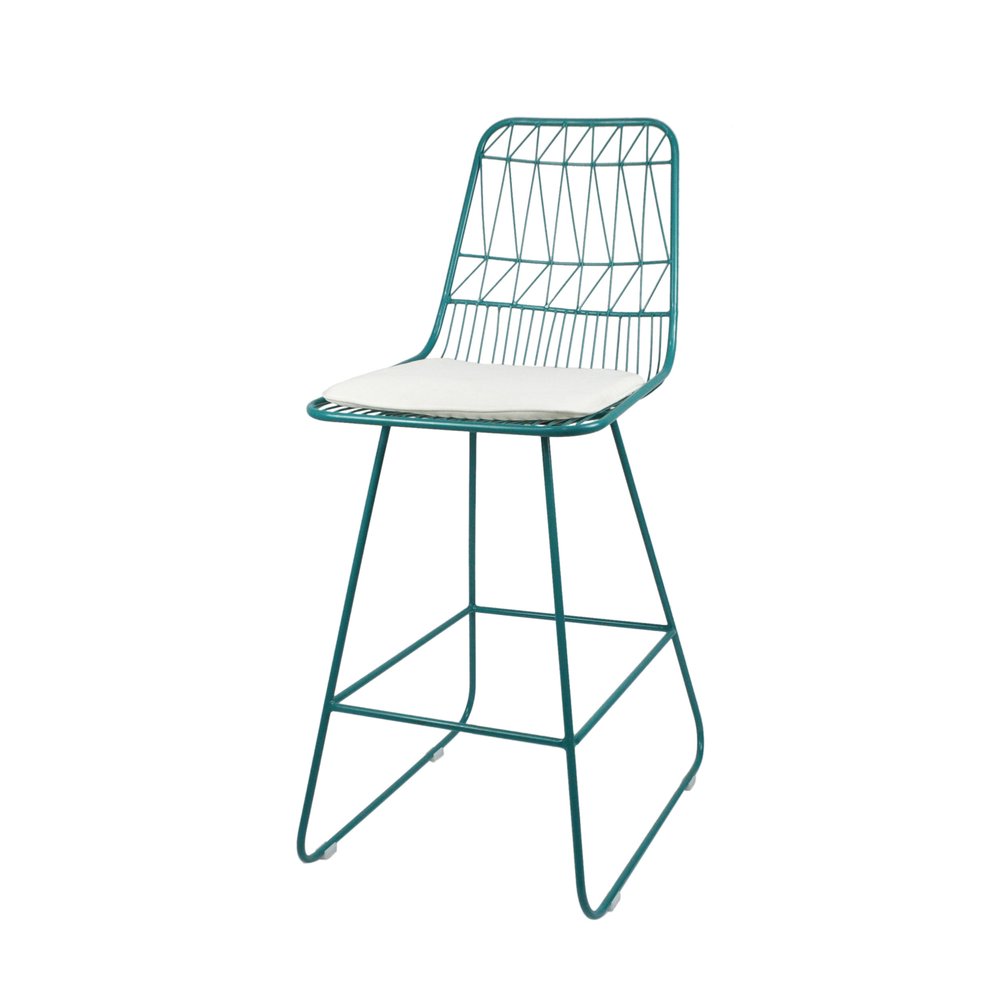 Set of Two 30" Teal Blue Iron Outdoor Bar Height Chairs on a white background