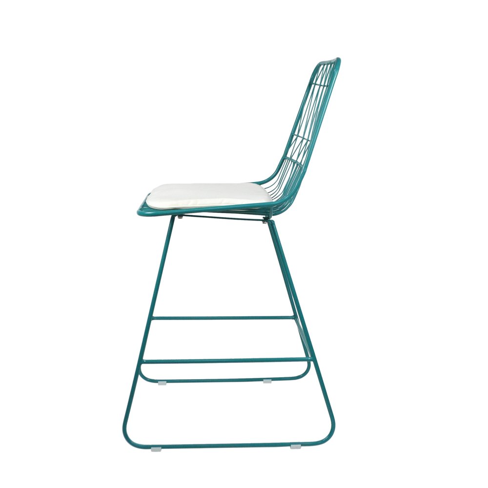 Set of Two 30" Teal Blue Iron Outdoor Bar Height Chairs on a white background