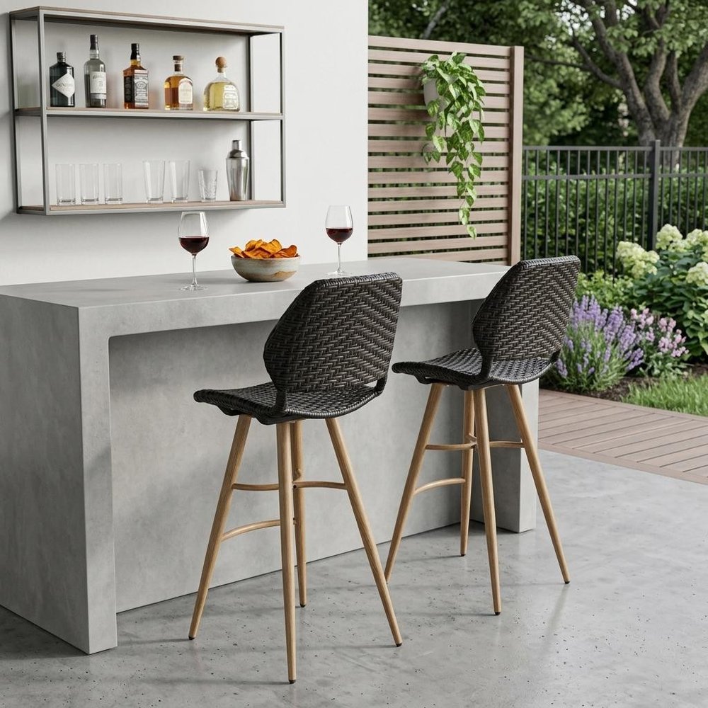 Set of Two 30" Brown Iron Outdoor Bar Height Chairs in a home interior