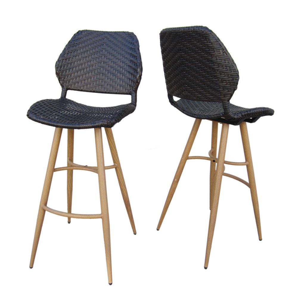 Two black wicker outdoor bar height chairs with brown wooden legs on a white background.
