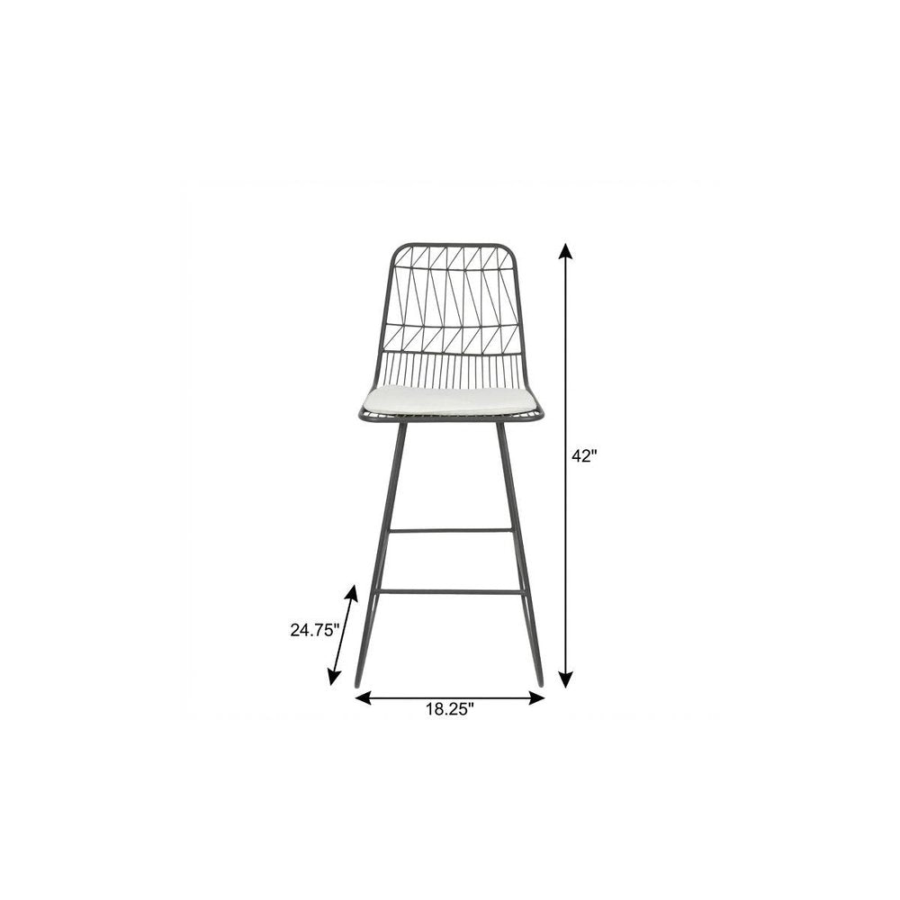 Set of Two 30" Gray And Ivory Iron And Cushion Outdoor Bar Height Chairs on a white background