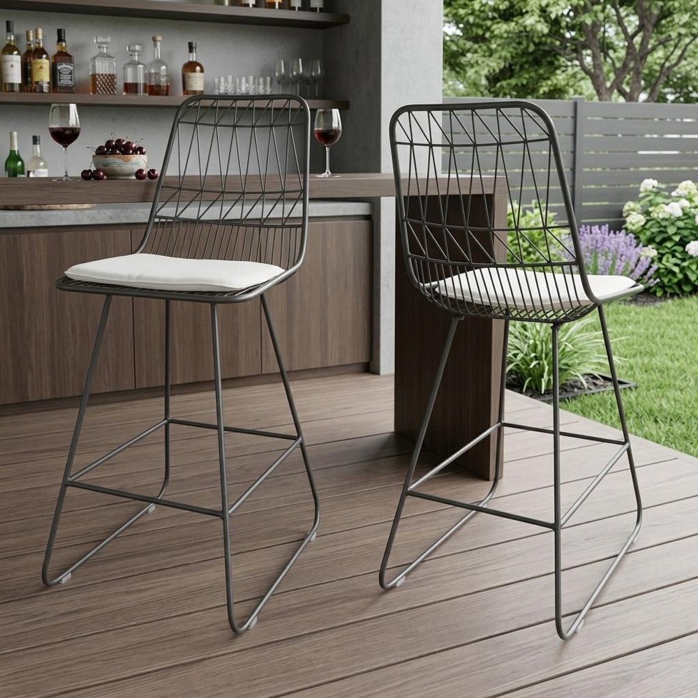 Set of Two 30" Gray And Ivory Iron And Cushion Outdoor Bar Height Chairs