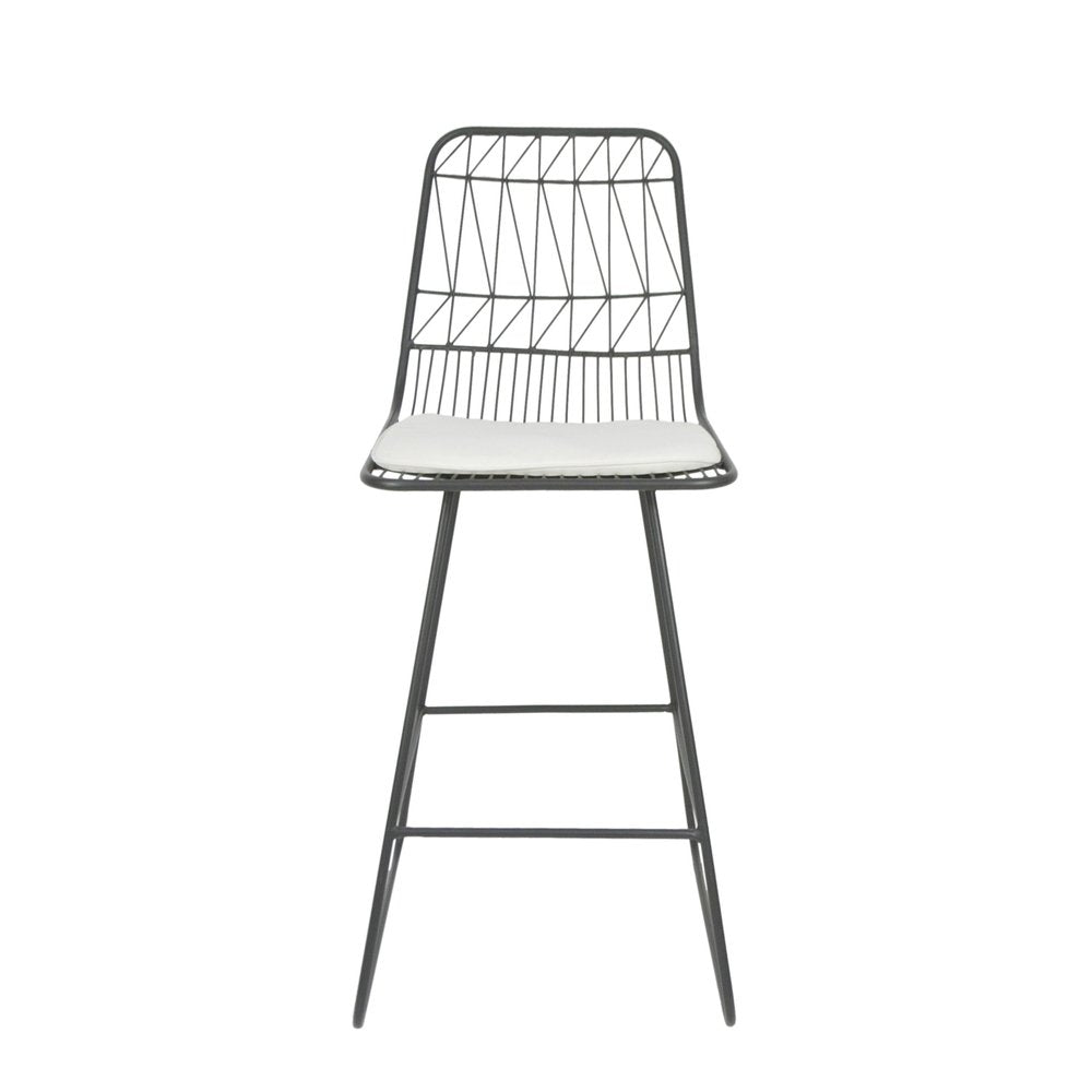 Set of Two 30" Gray And Ivory Iron And Cushion Outdoor Bar Height Chairs on a white background