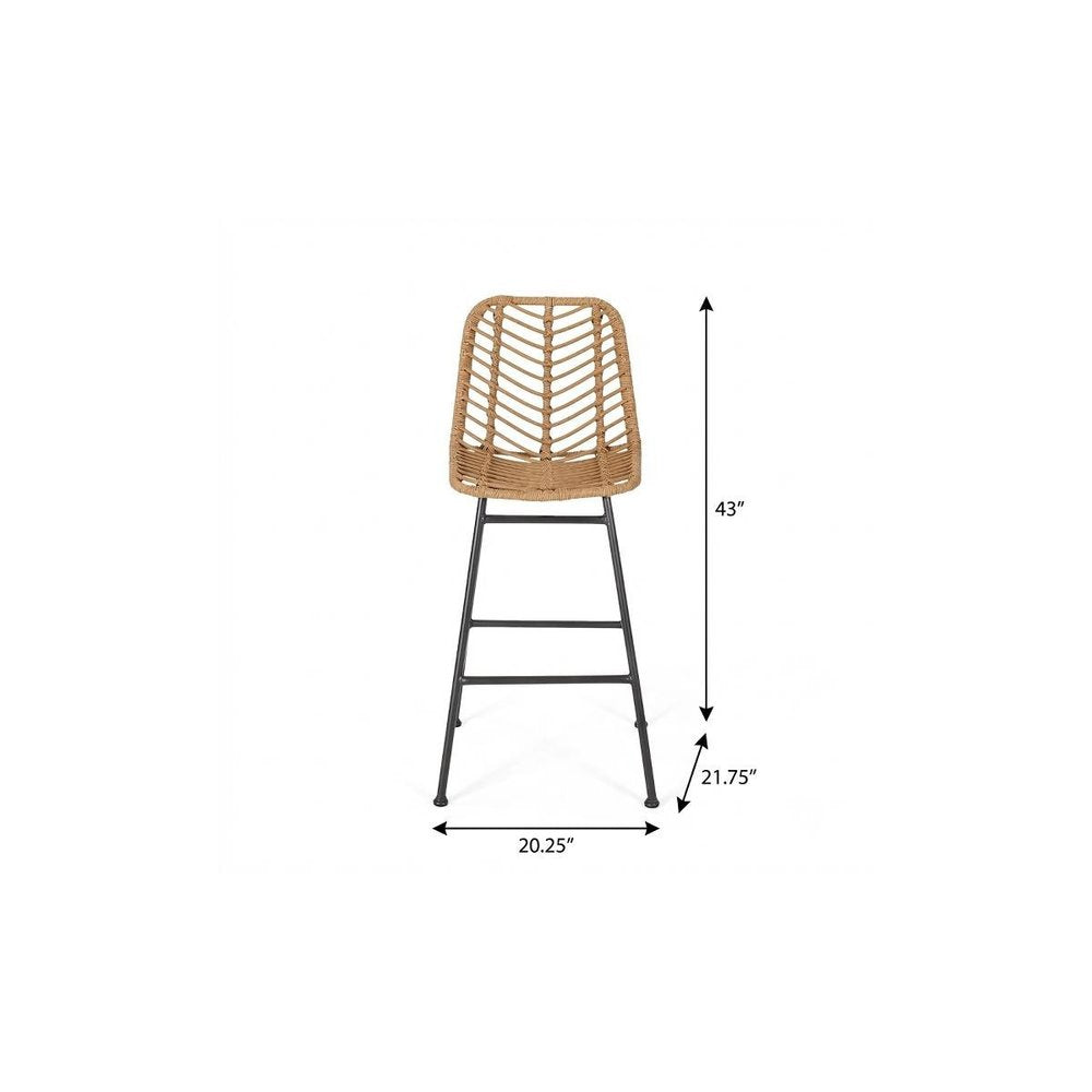 Set of Two 30" Black and Brown Iron Outdoor Bar Height Chairs on a white background