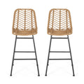 Set of Two 30" Black and Brown Iron Outdoor Bar Height Chairs on a white background