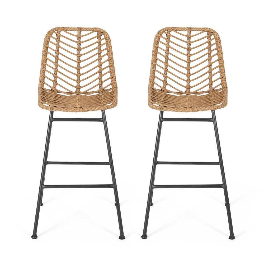 Two brown rattan bar stools with black iron legs on a white background.