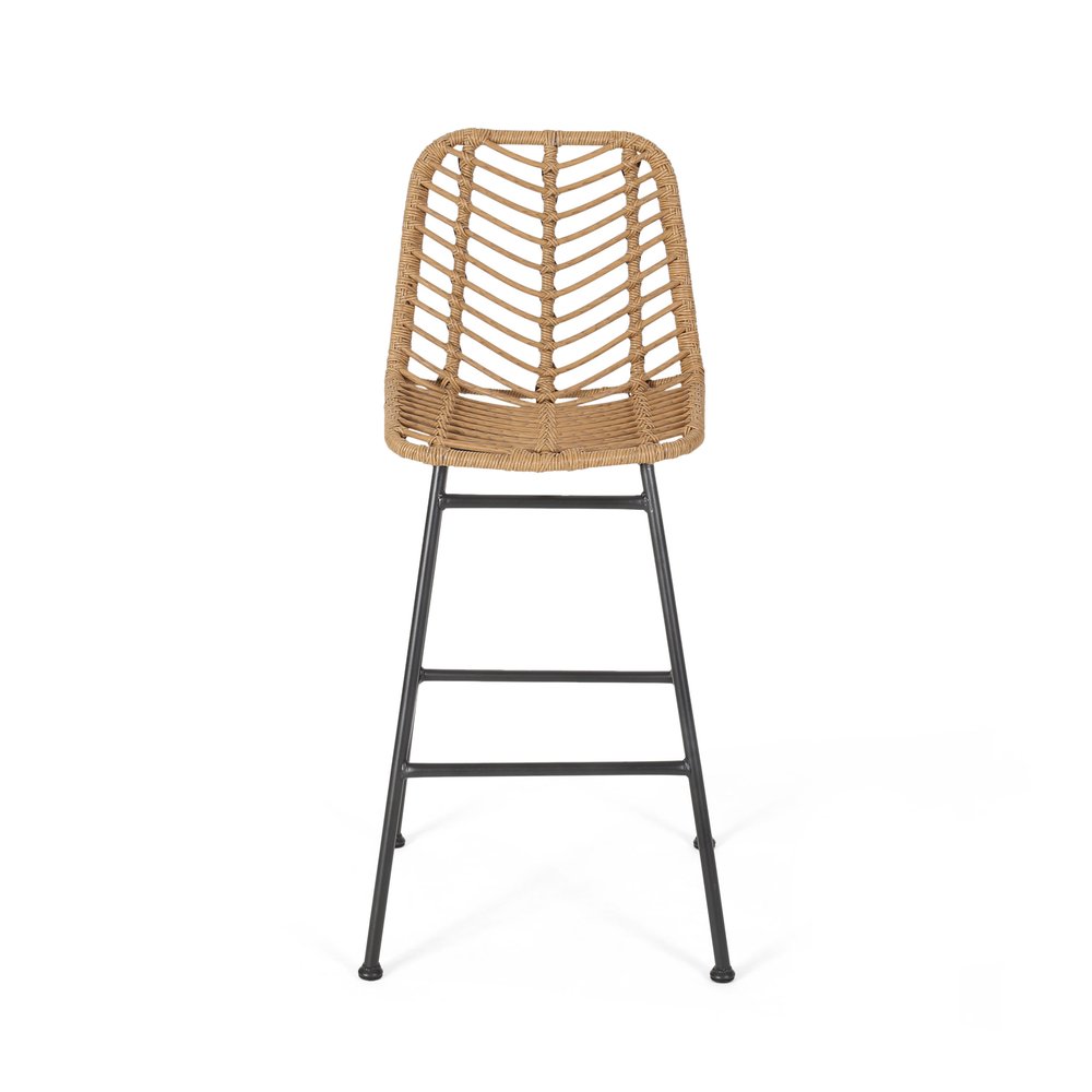 Set of Two 30" Black and Brown Iron Outdoor Bar Height Chairs