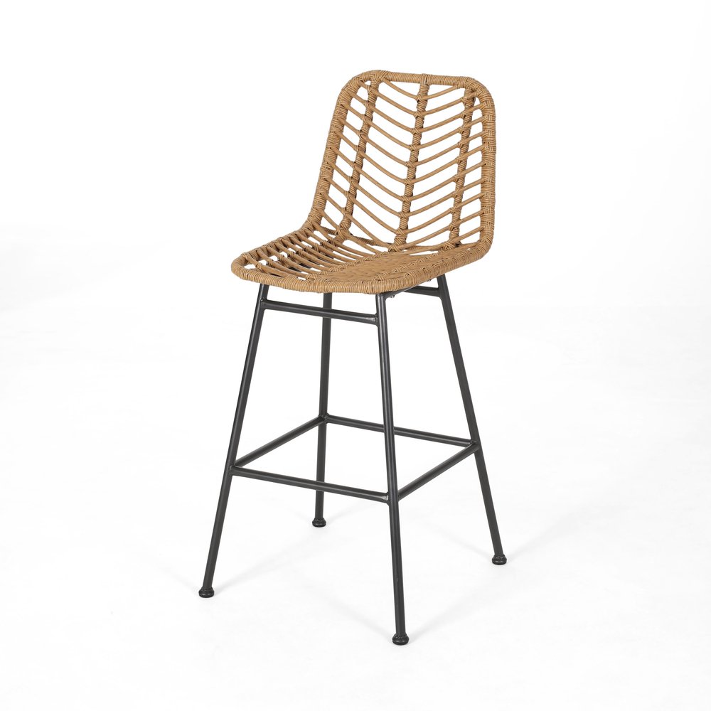 Set of Two 30" Black and Brown Iron Outdoor Bar Height Chairs
