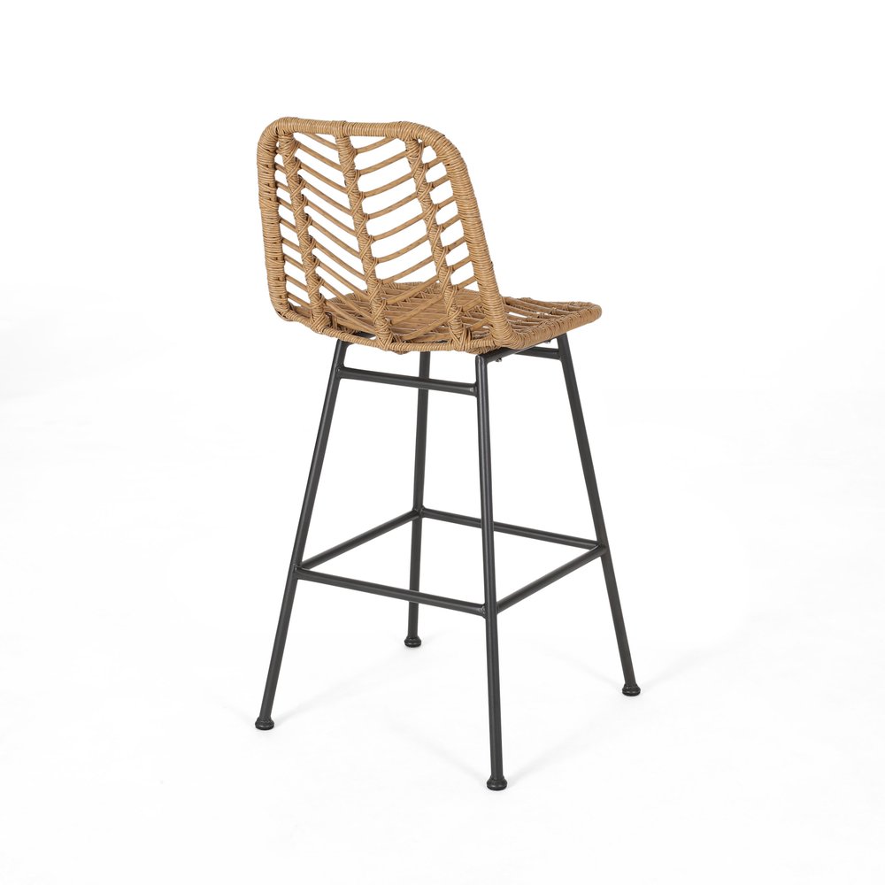 Set of Two 30" Black and Brown Iron Outdoor Bar Height Chairs