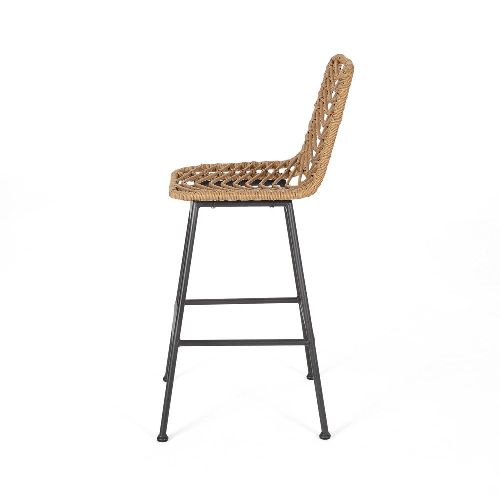 Set of Two 30" Black and Brown Iron Outdoor Bar Height Chairs on a white background