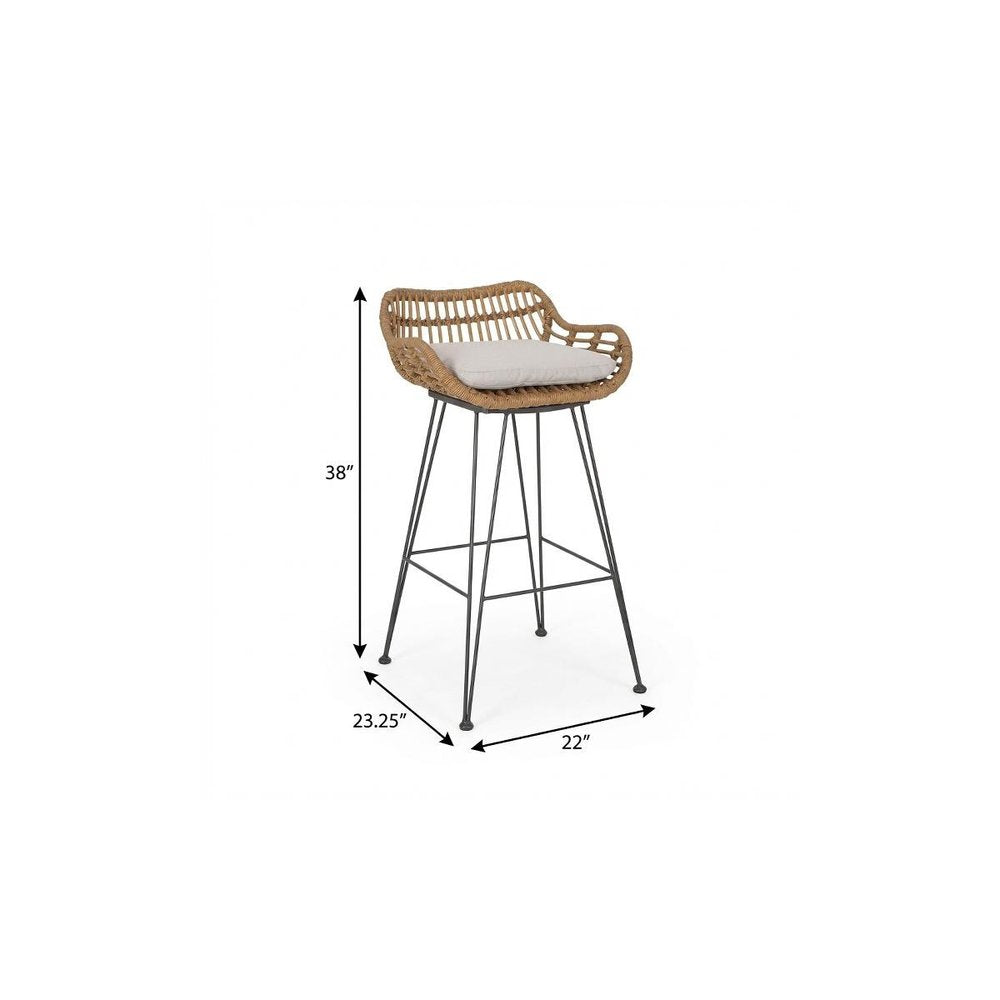 Set of Two 30" Black and Beige Iron Low Back Outdoor Bar Height Chairs on a white background