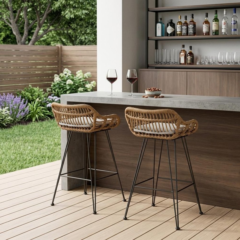 Set of Two 30" Black and Beige Iron Low Back Outdoor Bar Height Chairs in a home interior