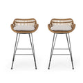 Set of Two 30" Black and Beige Iron Low Back Outdoor Bar Height Chairs on a white background