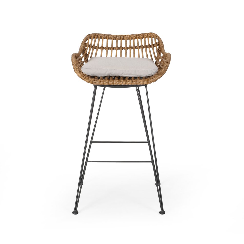 Set of Two 30" Black and Beige Iron Low Back Outdoor Bar Height Chairs