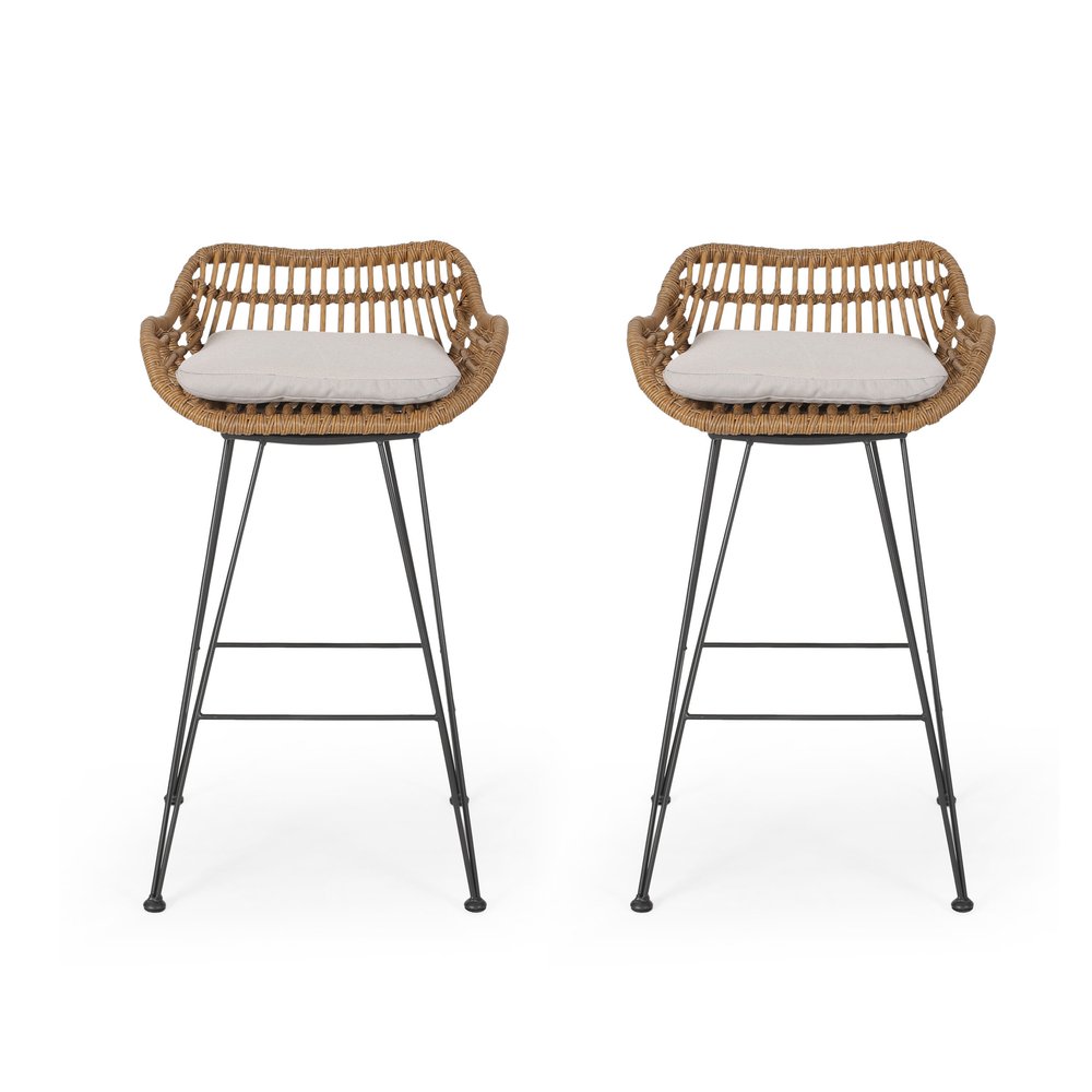 Set of Two 30" Black and Beige Iron Low Back Outdoor Bar Height Chairs