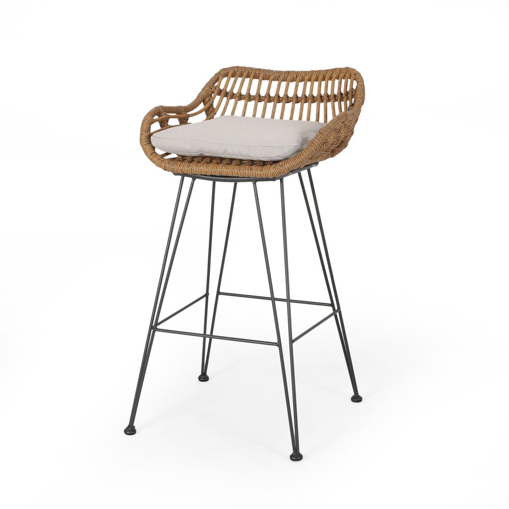 Set of Two 30" Black and Beige Iron Low Back Outdoor Bar Height Chairs