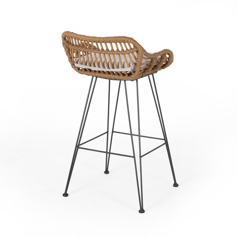 Set of Two 30" Black and Beige Iron Low Back Outdoor Bar Height Chairs