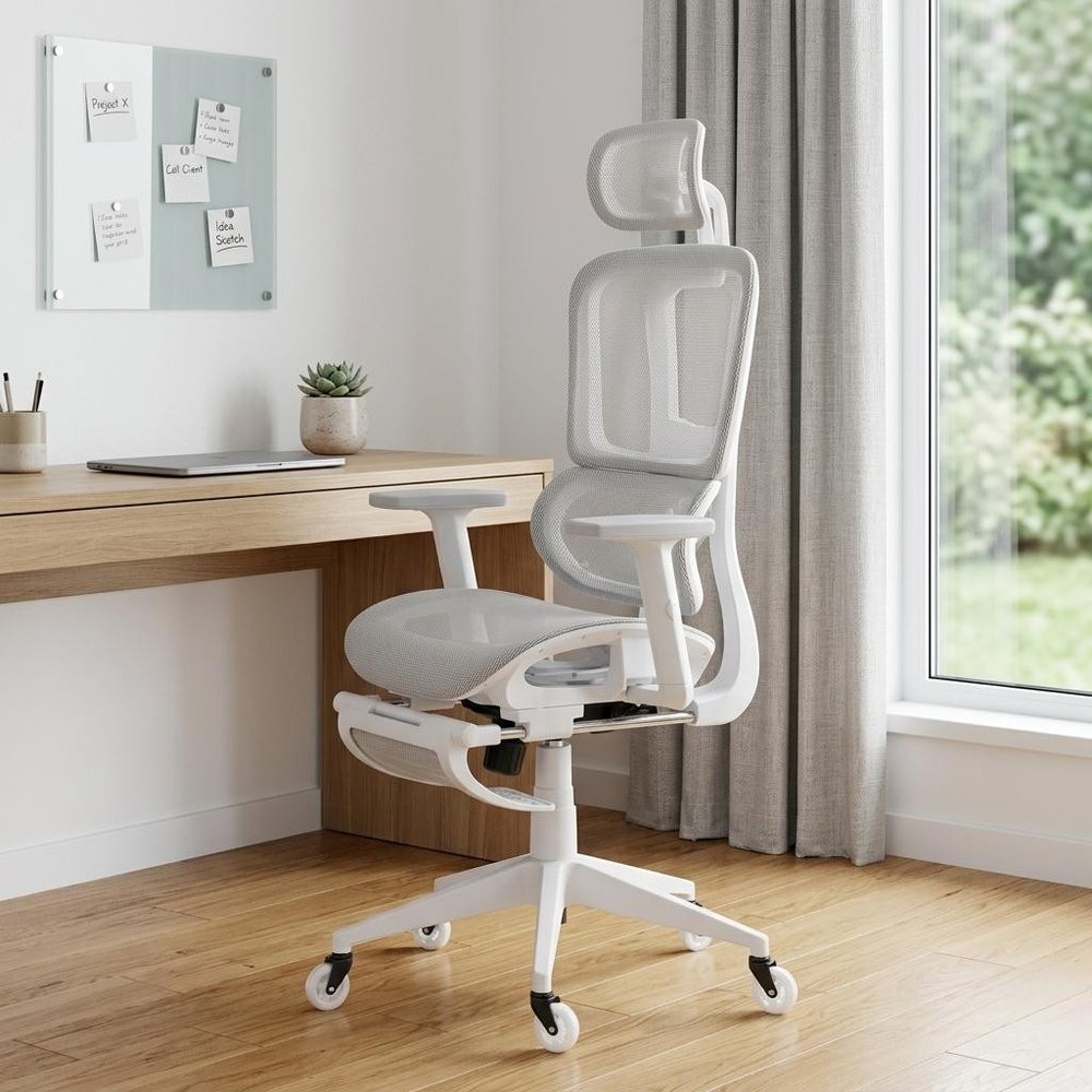 Light Gray And White Adjustable Height Swivel Rolling Gaming Chair With Footrest in a home interior