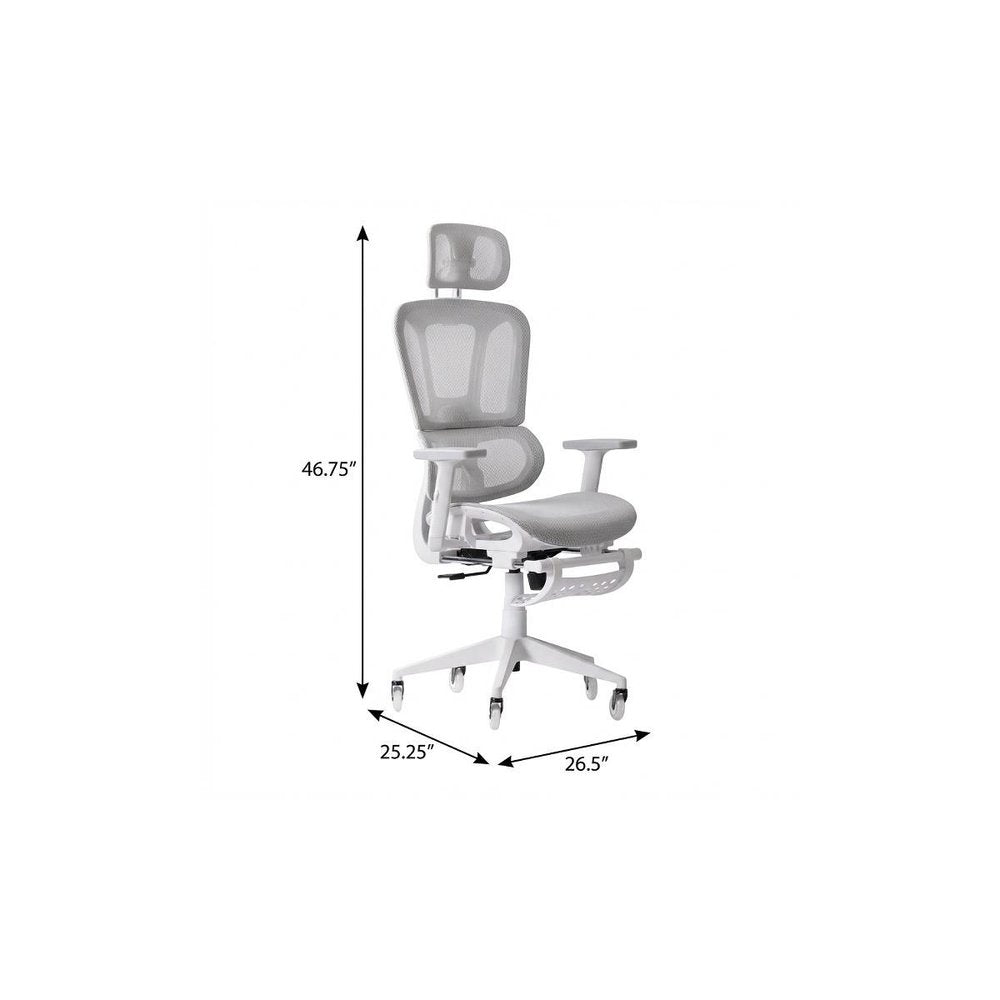 Light Gray And White Adjustable Height Swivel Rolling Gaming Chair With Footrest on a white background