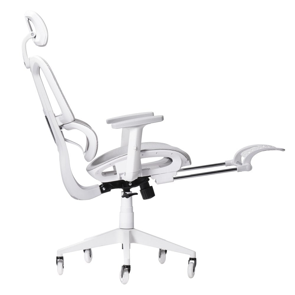 Light Gray And White Adjustable Height Swivel Rolling Gaming Chair With Footrest on a white background